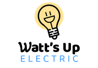 The logo for watt 's up electric shows a light bulb with a face on it.