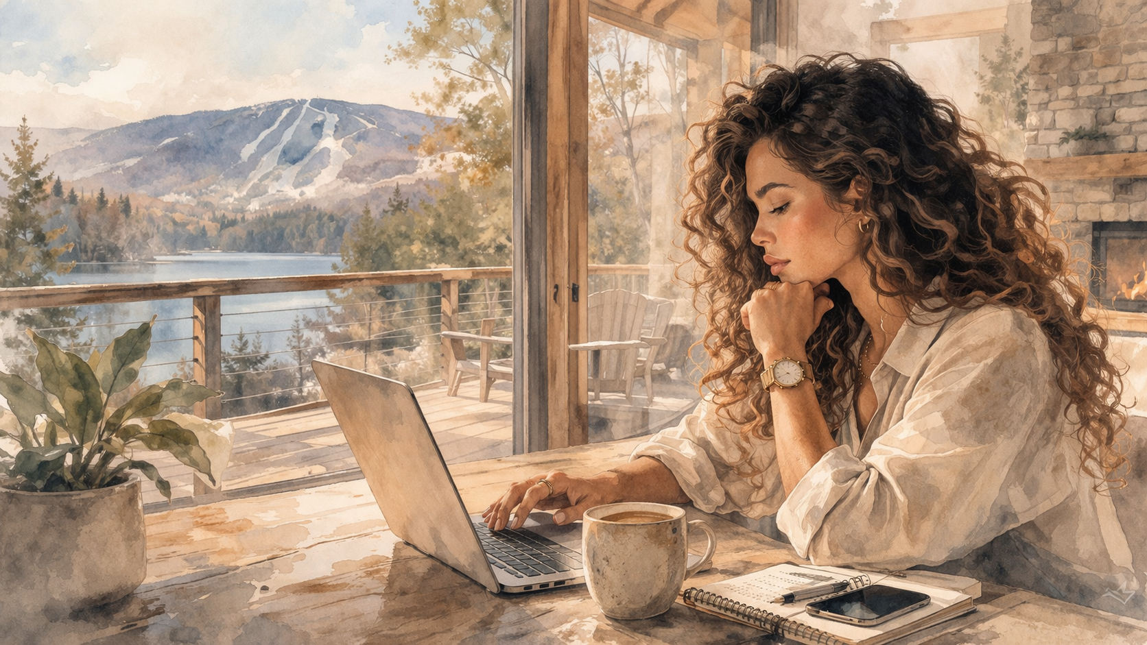 Person working on a laptop at a sunlit outdoor cafe with mountain and lake views