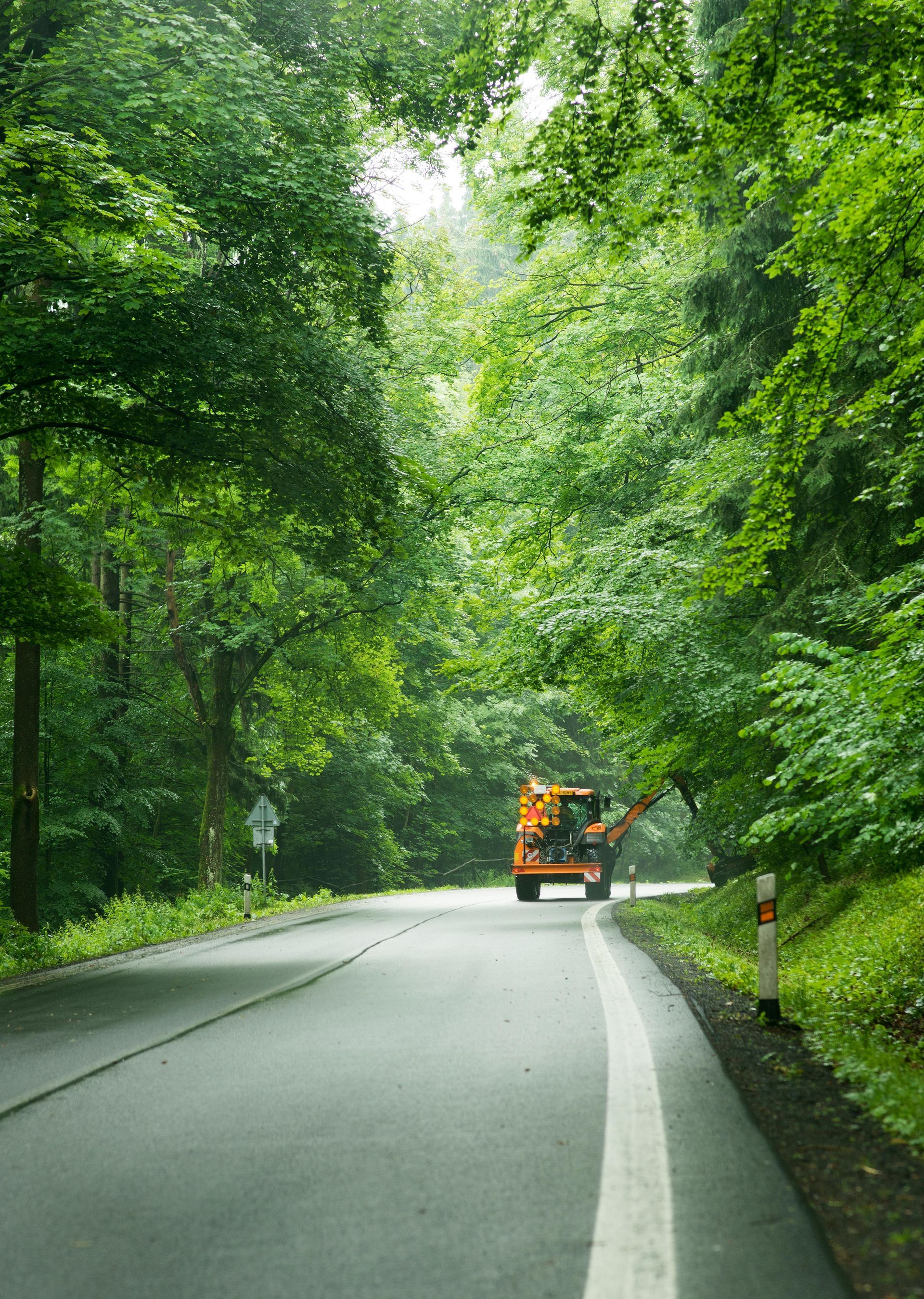 A bulldozer is carrying a large tree stump on a dirt road.