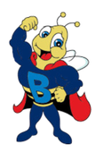 A cartoon bee is wearing a blue and red cape with the letter b on it.