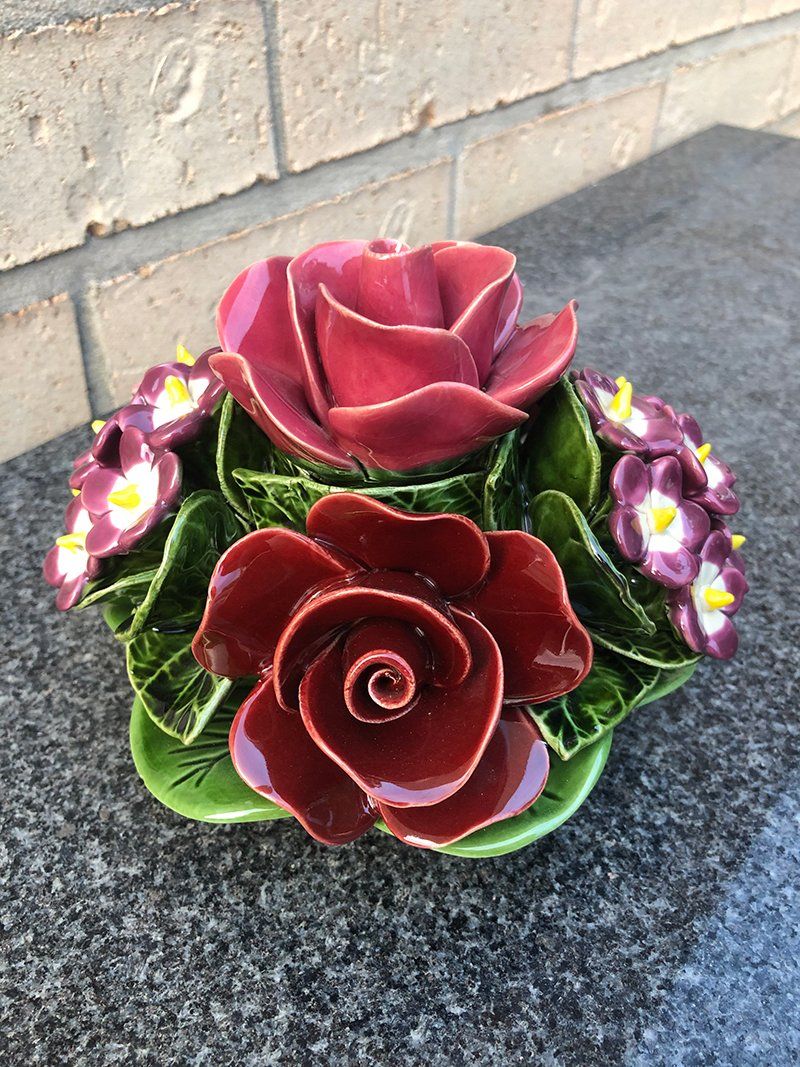 Majolica Pile of Red Roses and Purple Flowers — S.R. Horder Monumental Masons in Rutherford, NSW