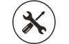 A black wrench and screwdriver crossed inside a circle.