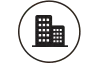 Two black building silhouettes in a white circle.
