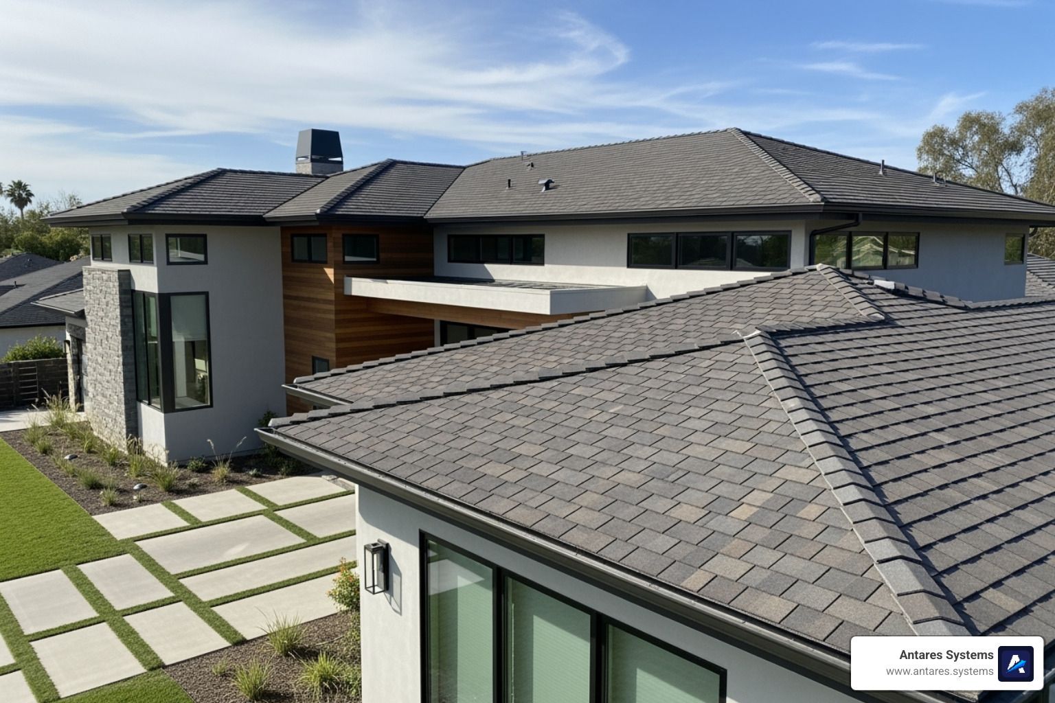 modern home with newly installed architectural asphalt shingle roof - Shingle replacement cost