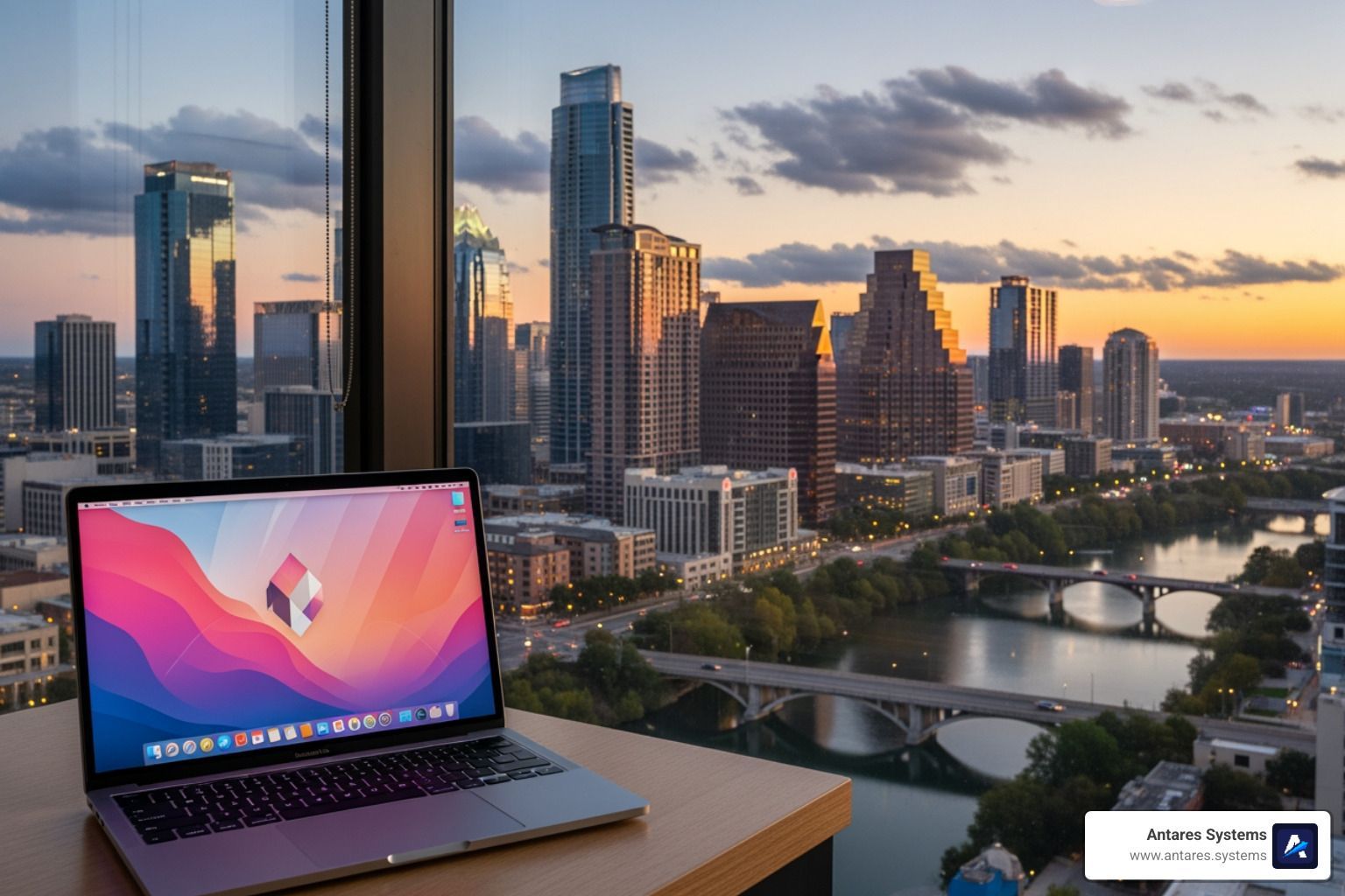 Austin skyline with modern laptop - wordpress web design austin