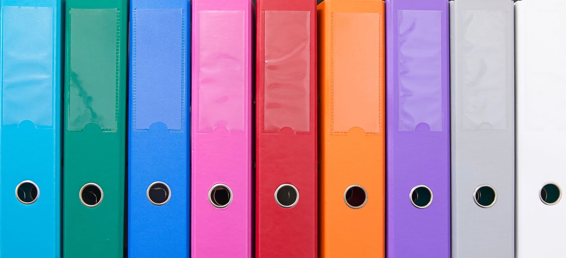 Una fila de carpetas de colores están alineadas en una fila sobre un fondo blanco.