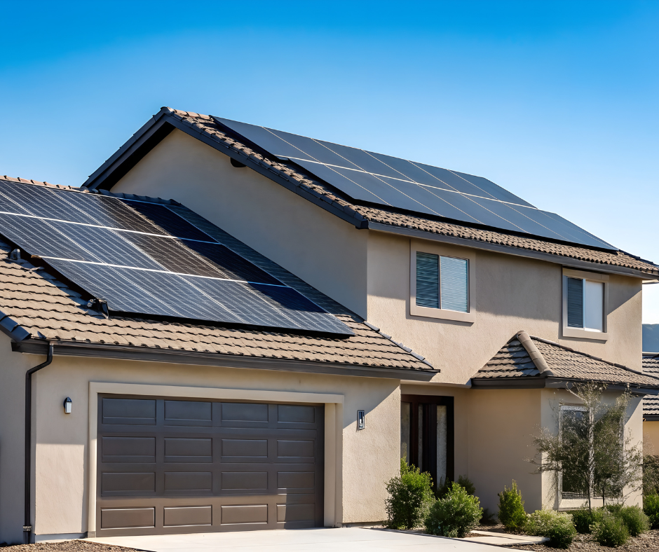 Maison avec panneaux solaires sur le toit, journée ensoleillée, ciel bleu. Porte de garage marron et façade beige.