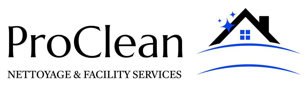 Logo ProClean : texte noir avec illustration de maison, étoiles bleues et lignes ondulées. « NETTOYAGE & SERVICES D’ENTRETIEN DES INSTALLATIONS » en dessous.
