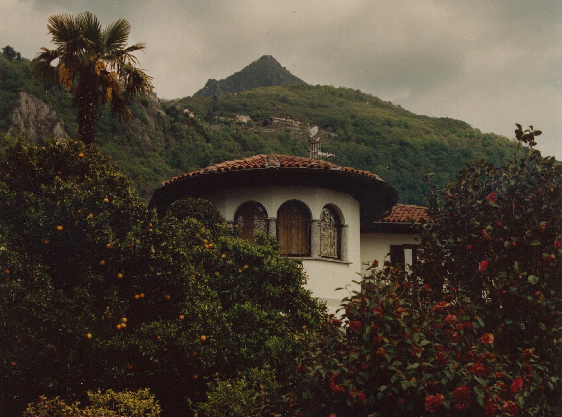 Weißes Gebäude mit runder Spitze, Bergkulisse und üppigem grünem Laub.