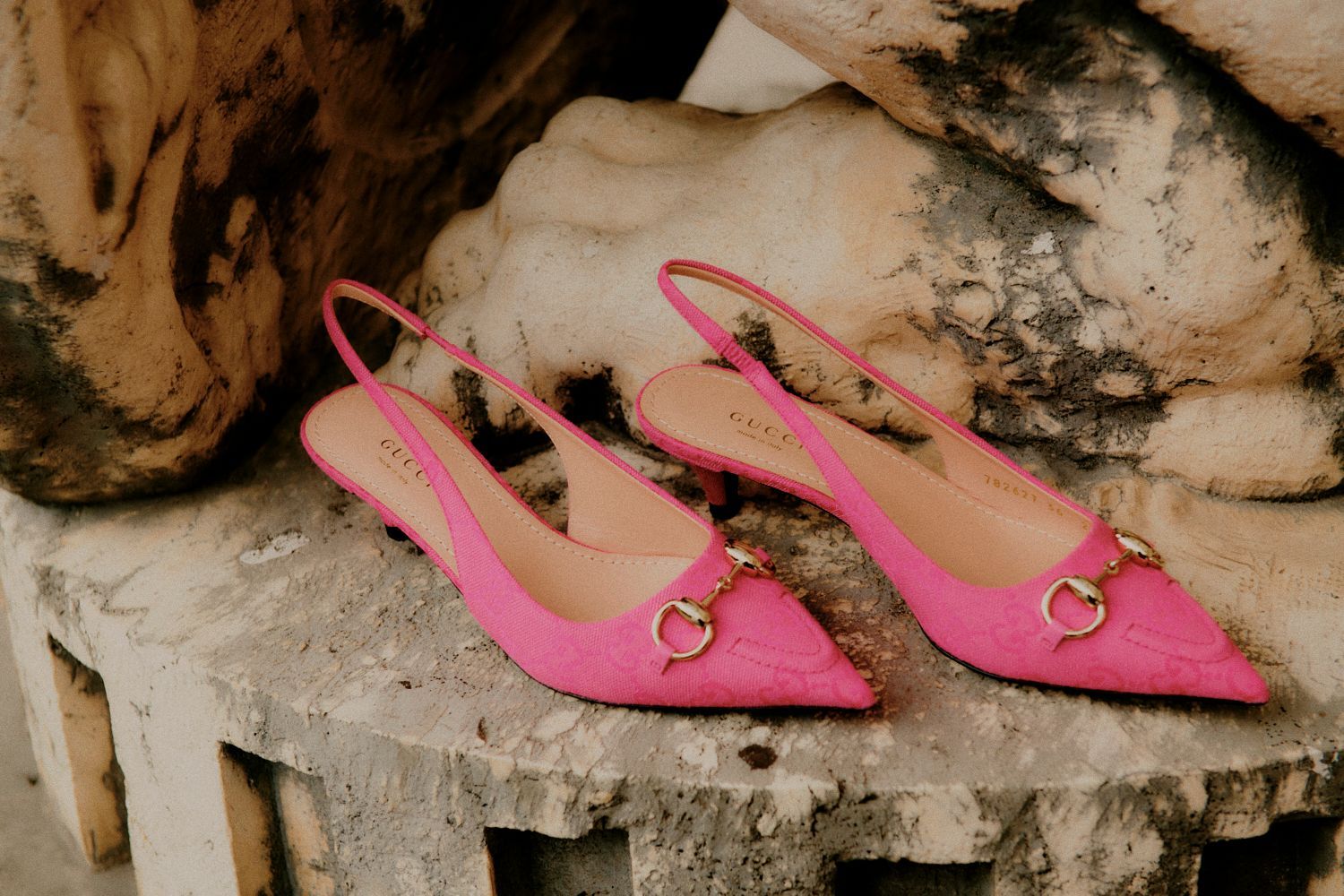 Rosa Slingback-Pumps mit goldenen Beschlägen auf einer Steinoberfläche.