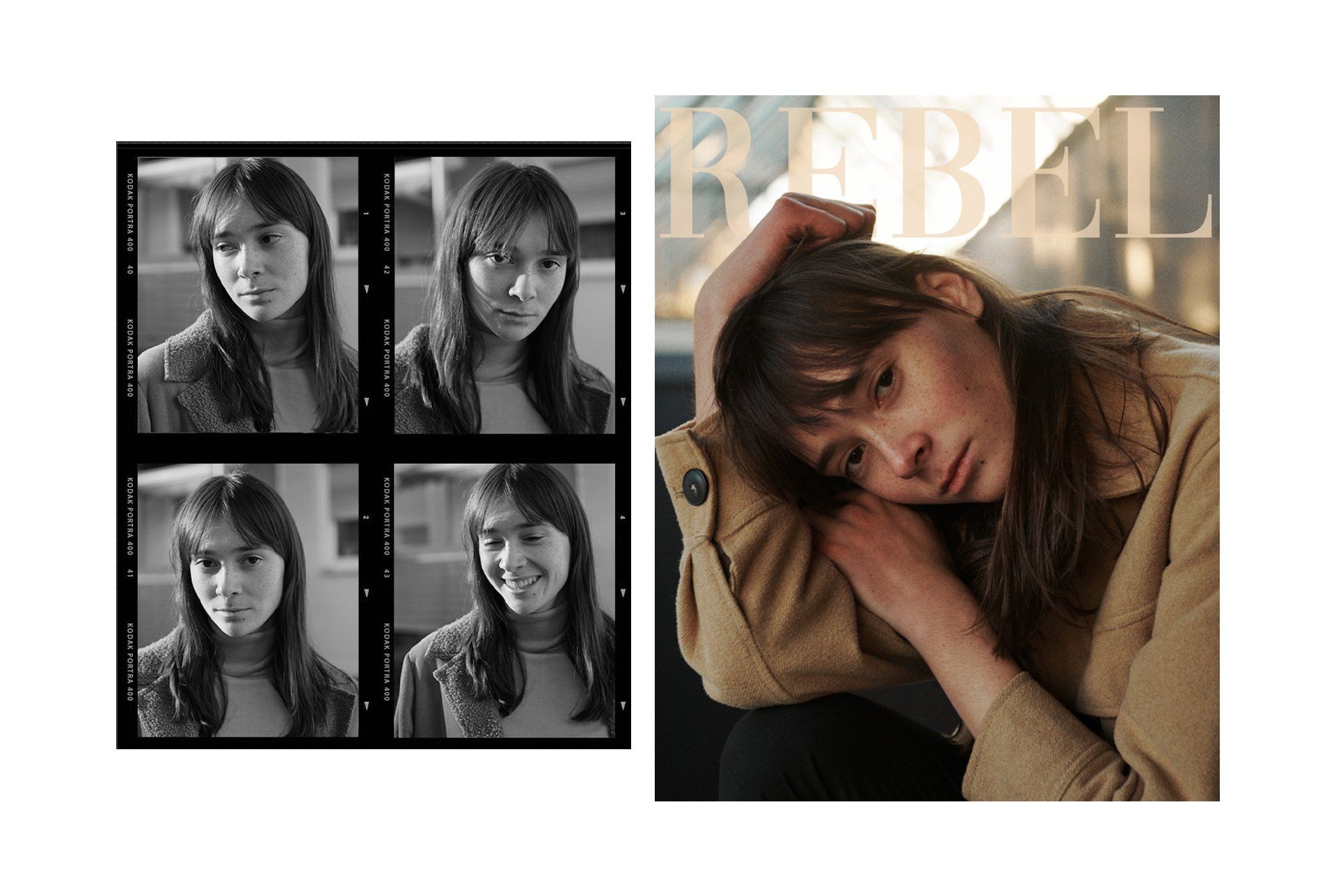 Vier Schwarzweiß-Filmstreifenporträts einer Frau sowie ein farbiges Zeitschriftencover von ihr mit dem Titel „Rebel“.