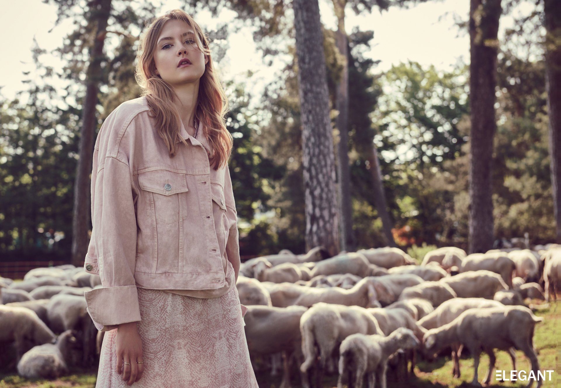 Frau in rosa Outfit steht auf einer Schafweide, im Hintergrund Bäume.