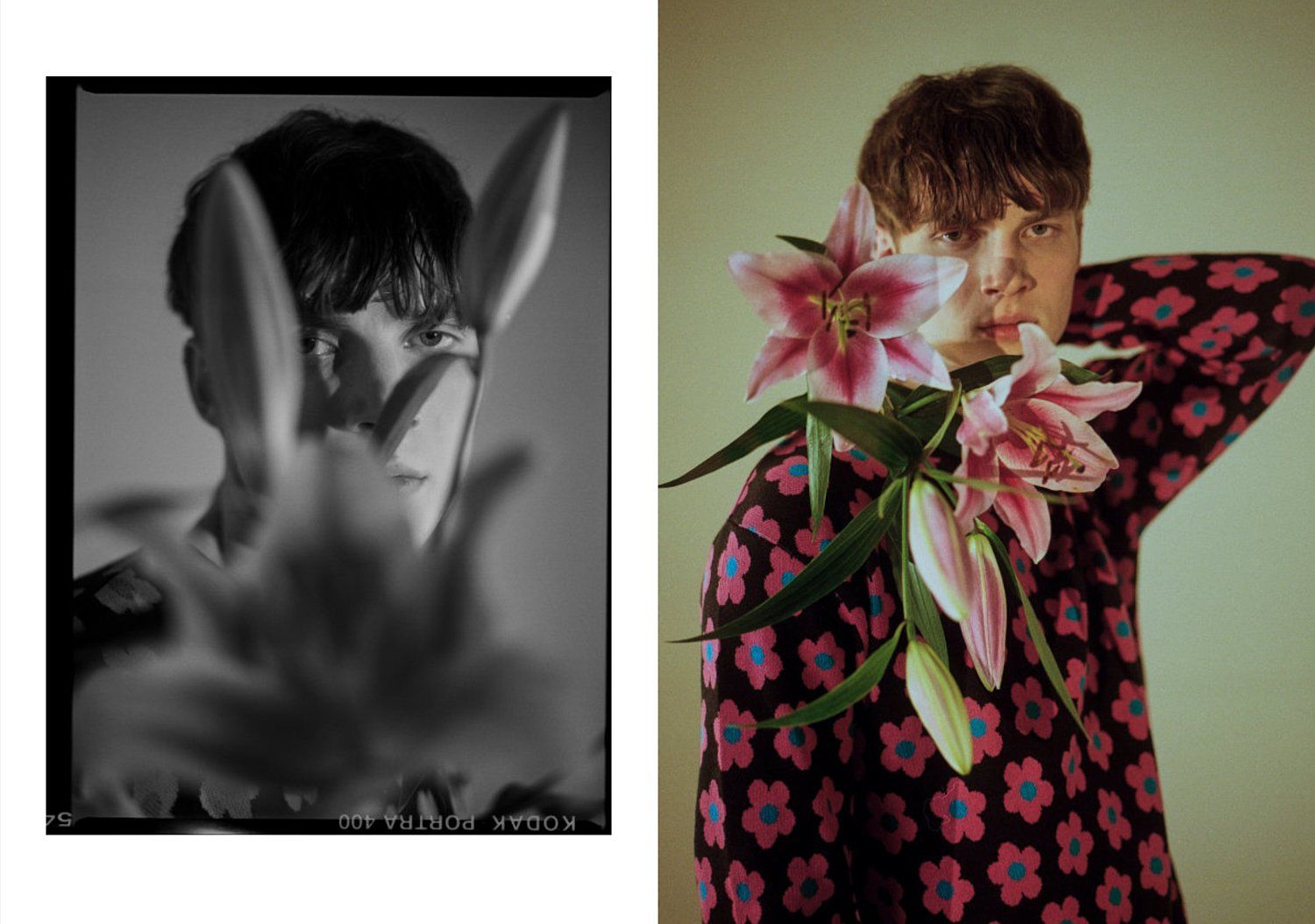 Links: Eine Person, die teilweise von weißen Lilien verdeckt wird. 