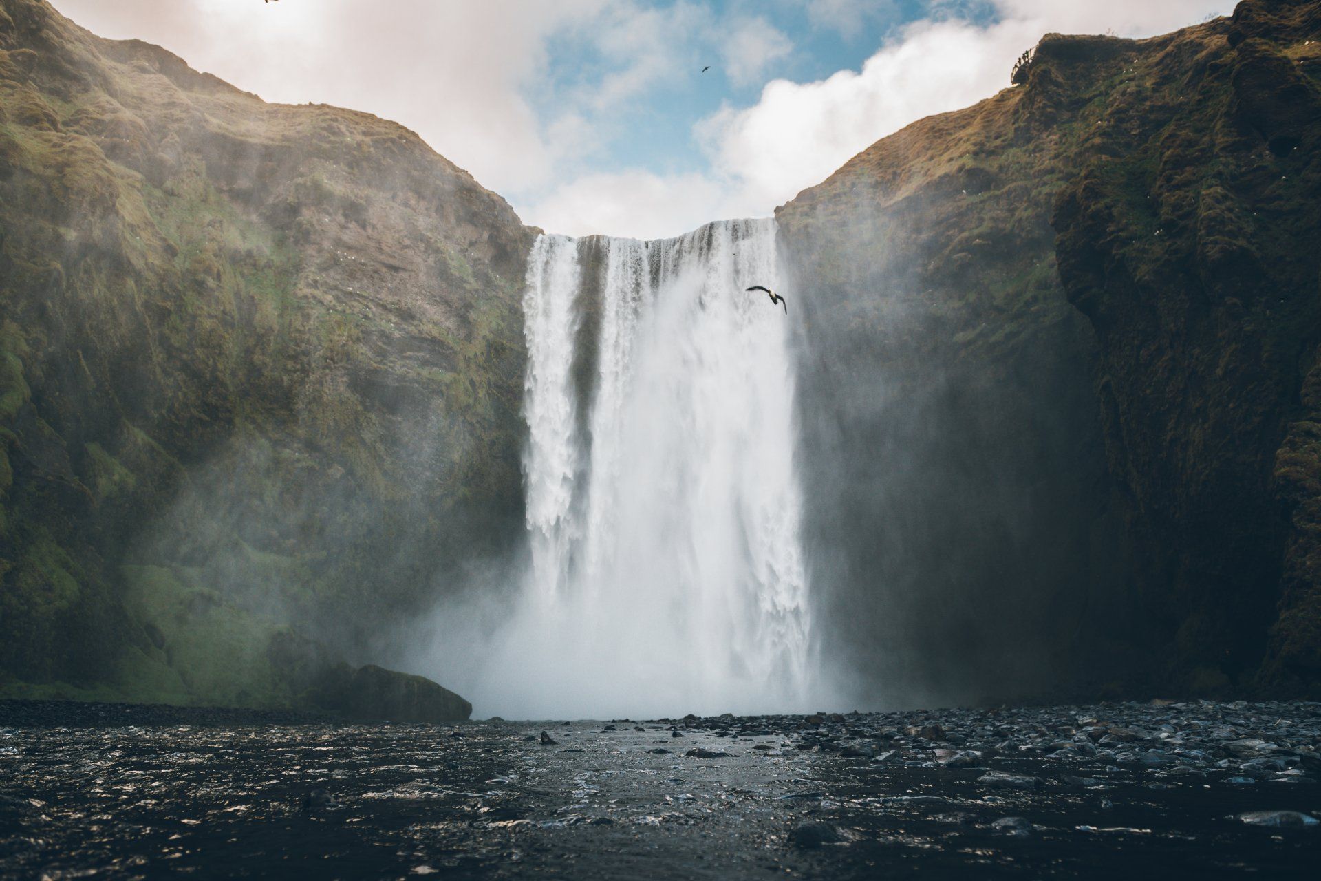 Wasserfall, der unter einem bewölkten Himmel von einer grünen Klippe herabstürzt, mit zwei fliegenden Vögeln.
