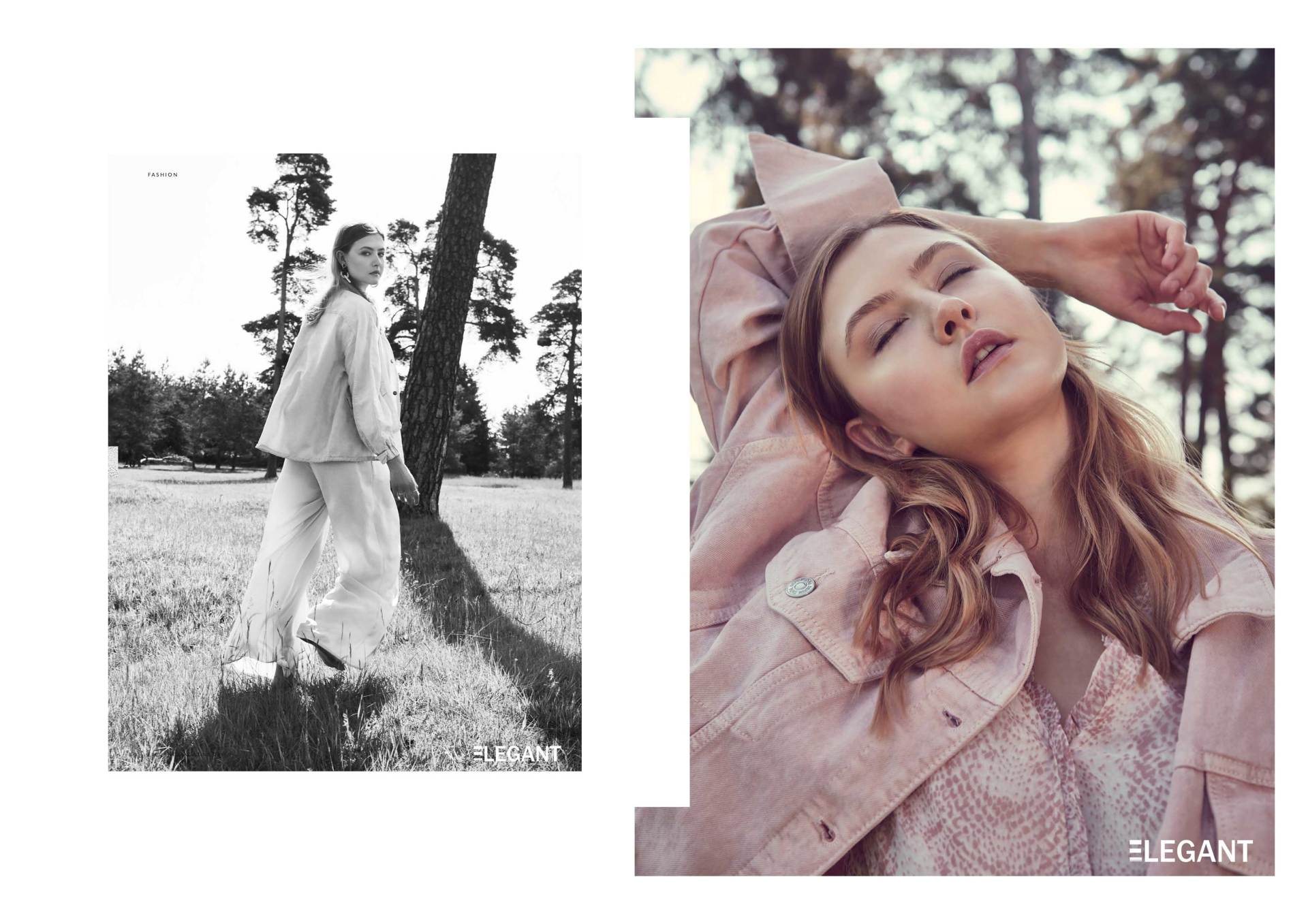 Frau in Freizeitkleidung posiert auf einem Feld (Schwarzweiß); Frau in rosa Kleidung im Freien.