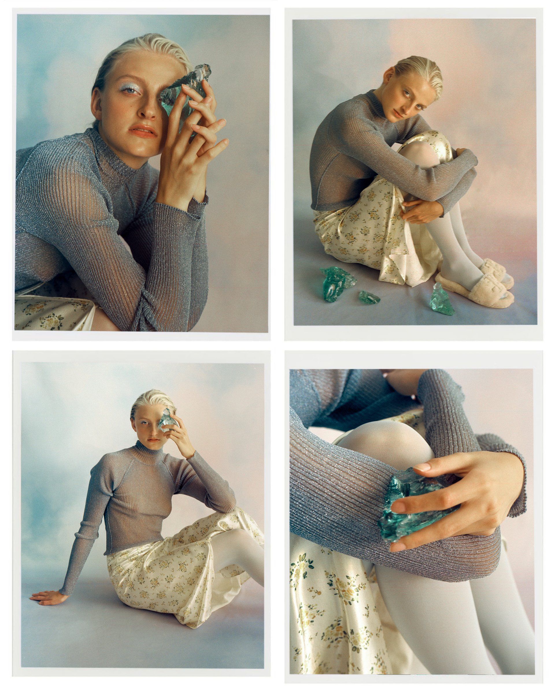 Collage einer Person in einem strukturierten Oberteil und Rock, die Glasobjekte und weiße Strumpfhosen in der Hand hält,