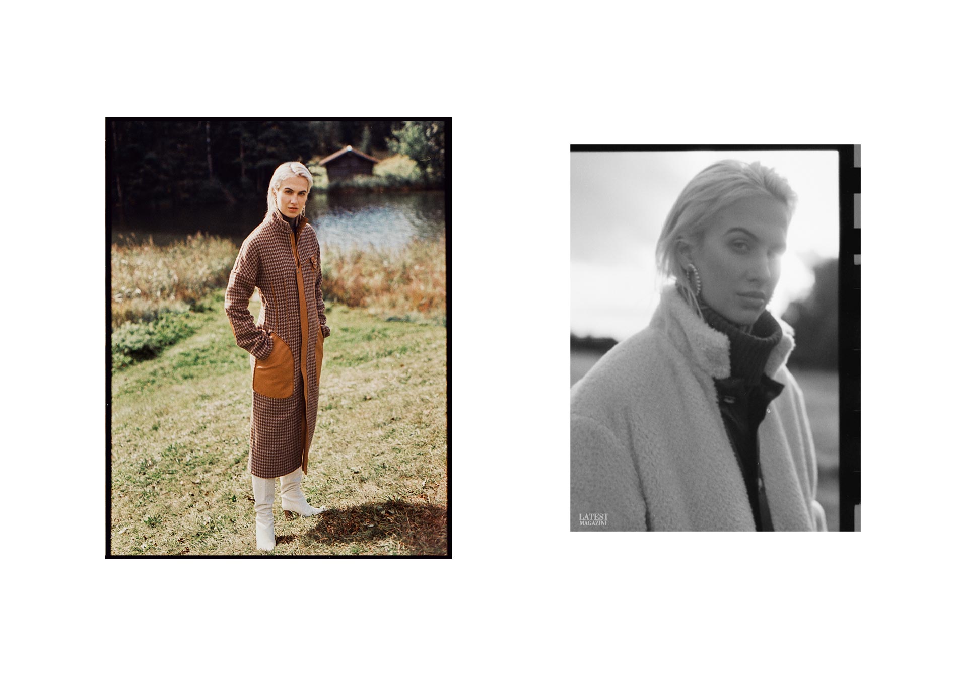 Frau im Mantel steht im Freien; Farb- und Schwarzweißaufnahmen nebeneinander.