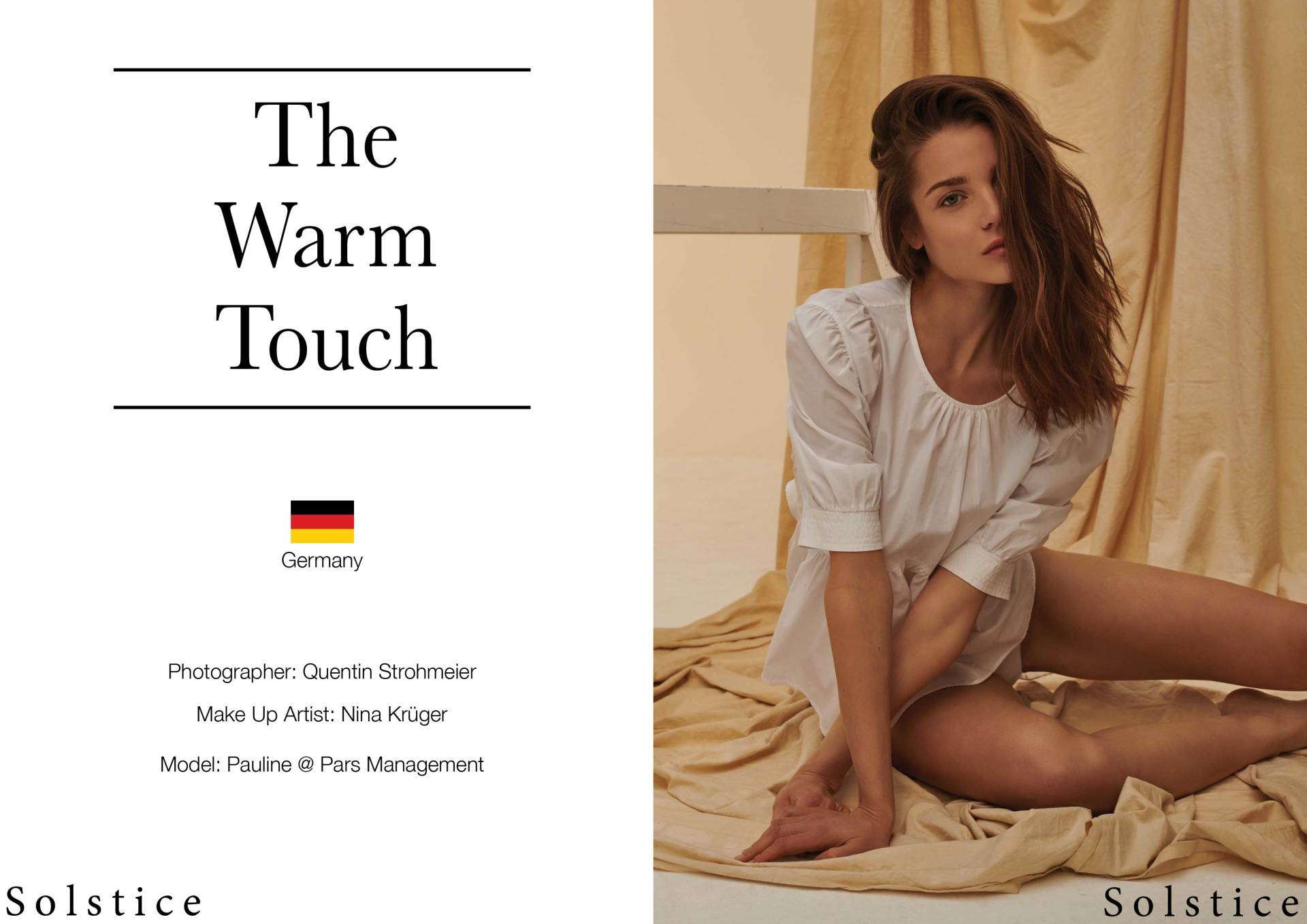 Frau im weißen Hemd posiert vor hellbraunem Hintergrund. Titel: „The Warm Touch“, Deutschlandflagge, Solstice-Logo.