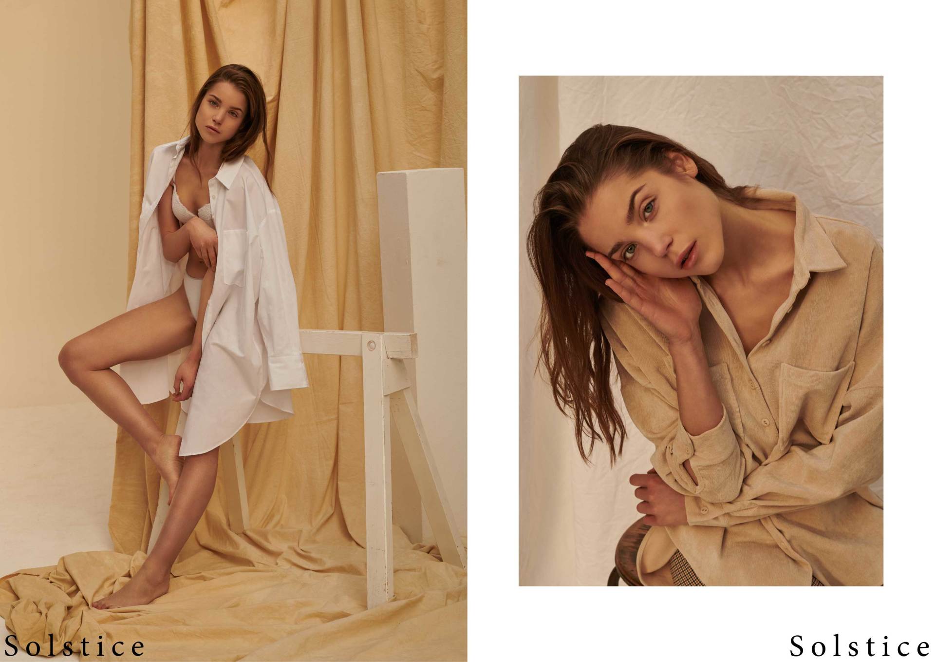 Frau in weißem Hemd, beigem Hintergrund, posiert mit der Hand vor dem Gesicht.