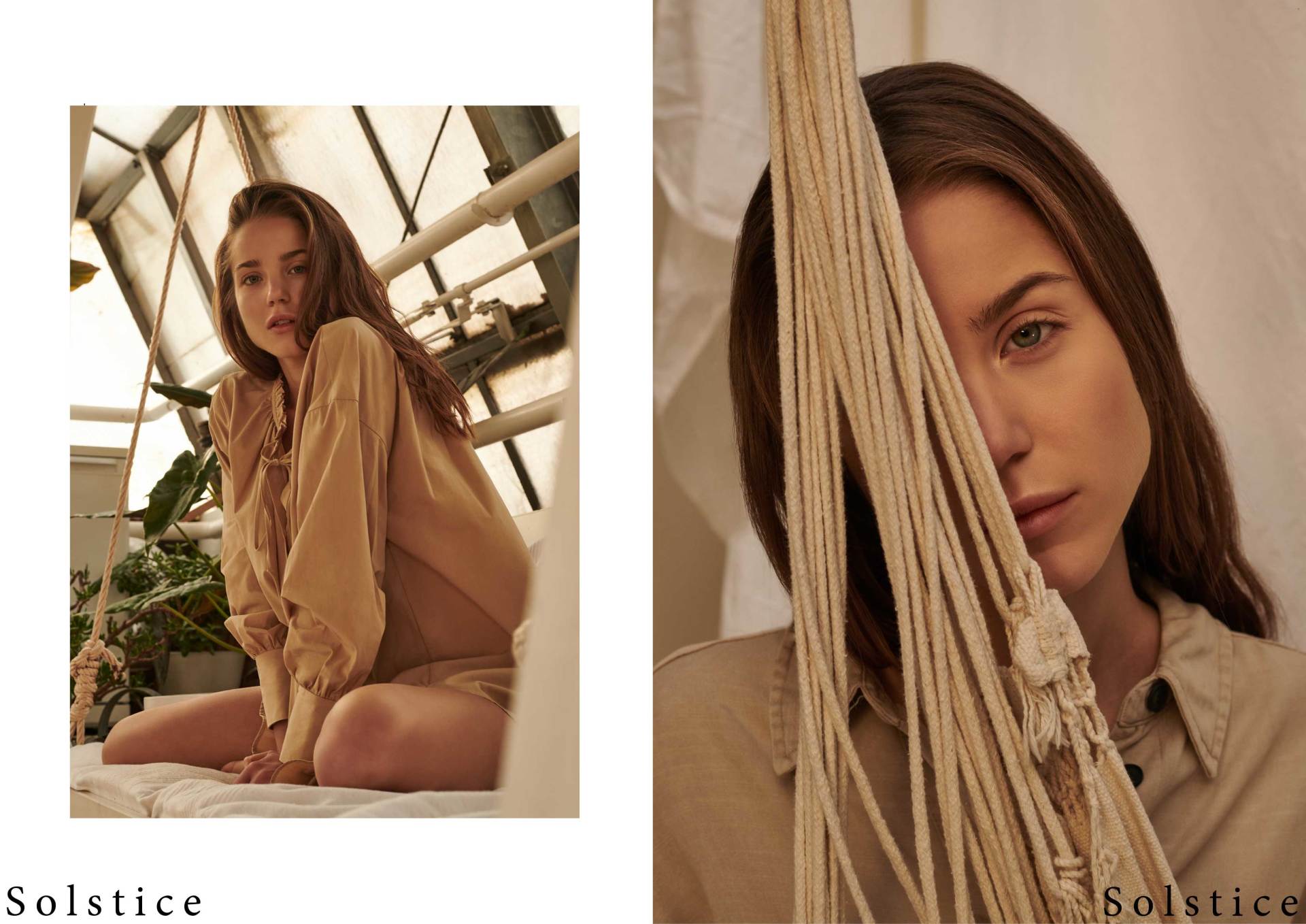 Frau in hellbraunem Hemd, die in die Kamera blickt und deren Gesicht teilweise von einem Makramee-Seil bedeckt ist.