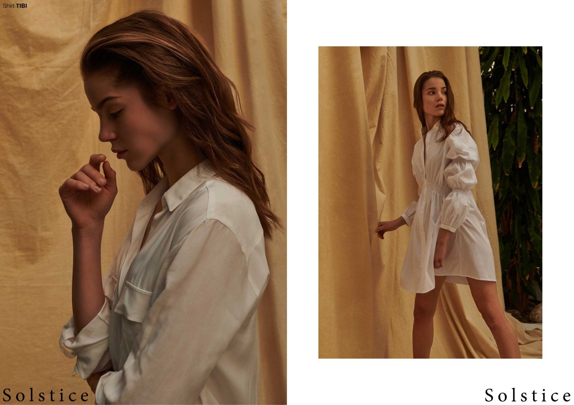 Frau in weißer Kleidung, posiert vor einem hellbraunen Hintergrund. Enthält zwei separate Fotos.