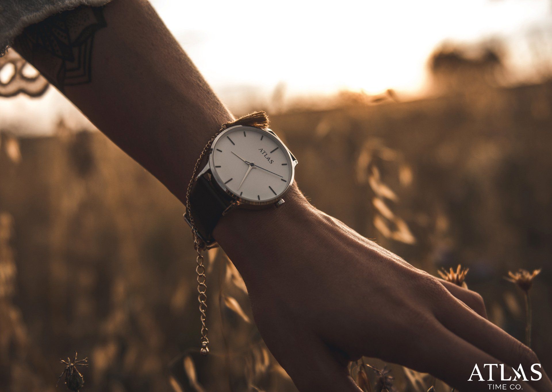 Handgelenk mit einer Uhr, die bei Sonnenuntergang durch hohes Gras auf einem Feld ragt.
