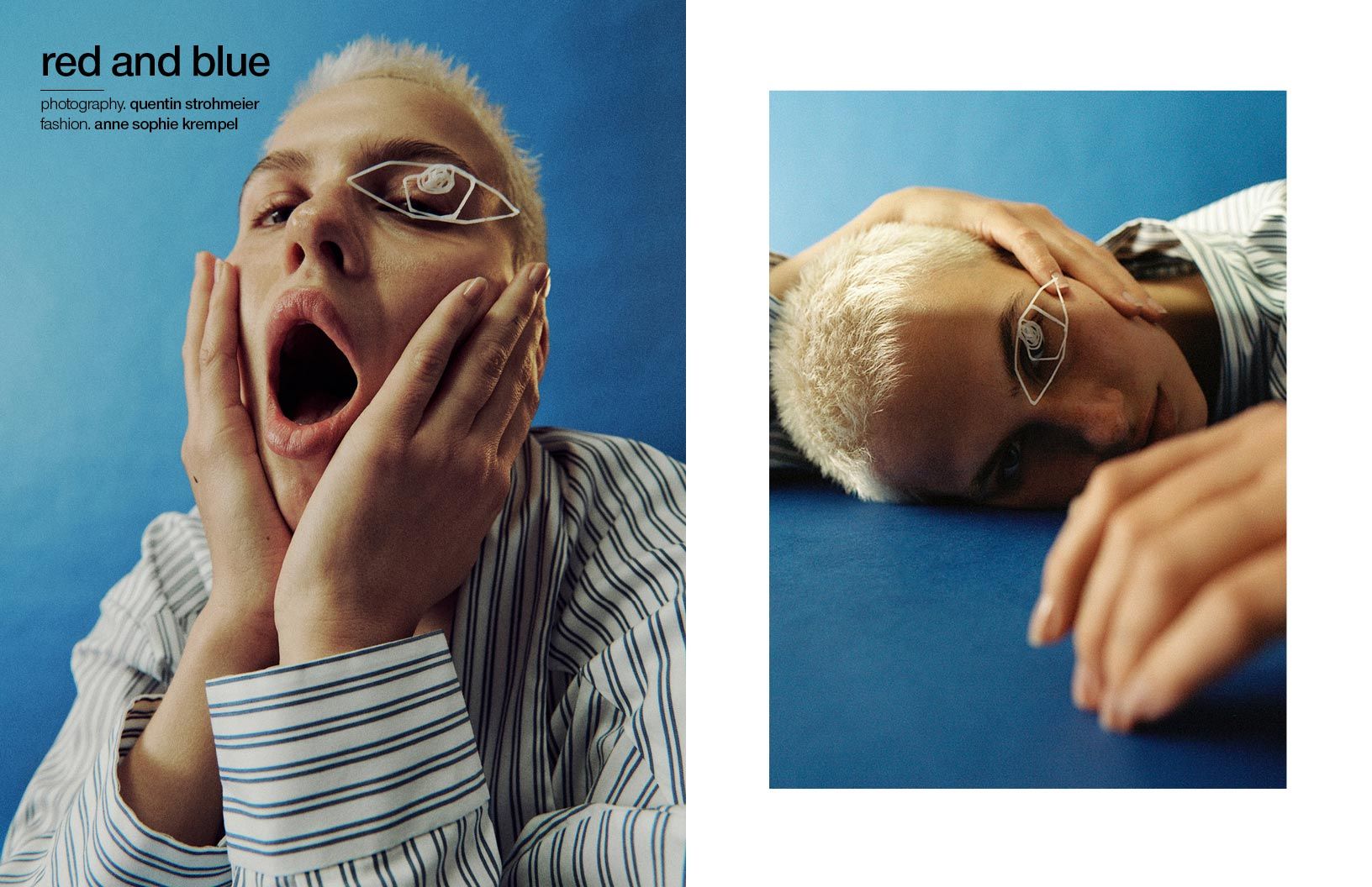 Frau mit offenem Mund, Händen im Gesicht und Augenschmuck. Blauer Hintergrund.