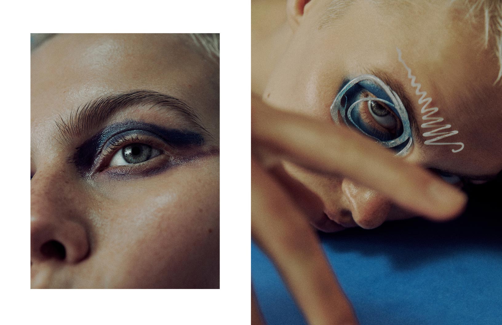Nahaufnahmen von zwei Augen: eine mit rauchigem Schatten, die andere mit Spiral- und Schnörkelmuster.