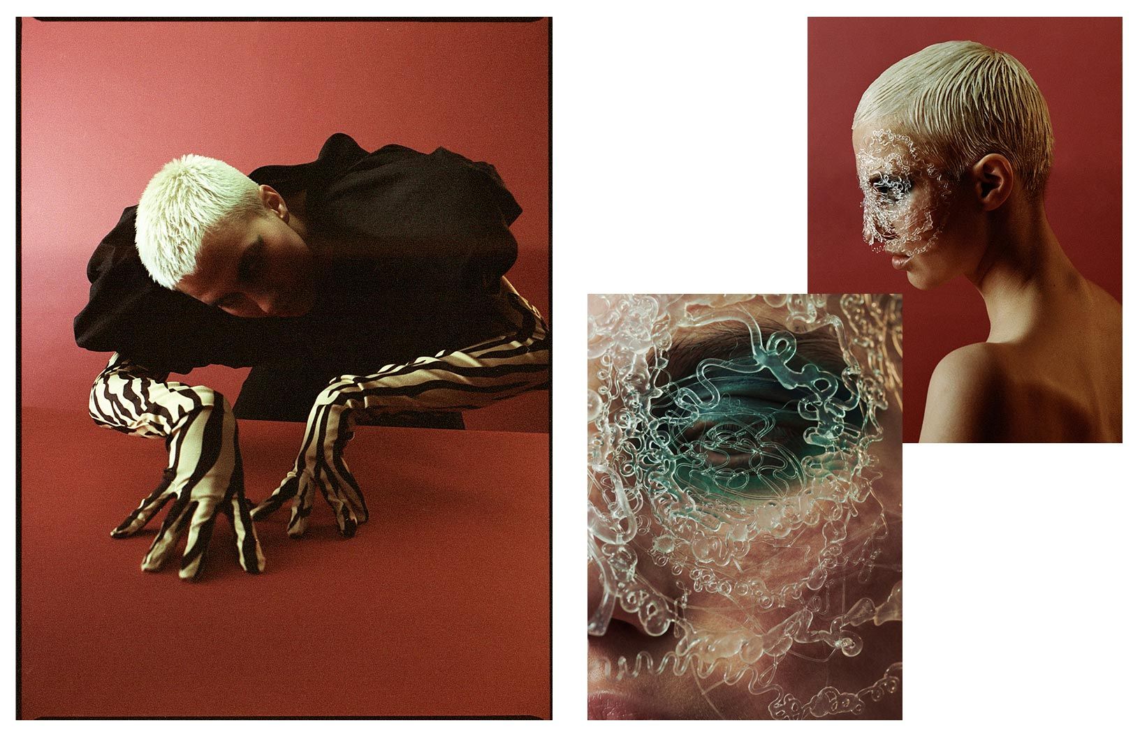 Person mit kurzen weißen Haaren und gemusterten Gliedmaßen. 