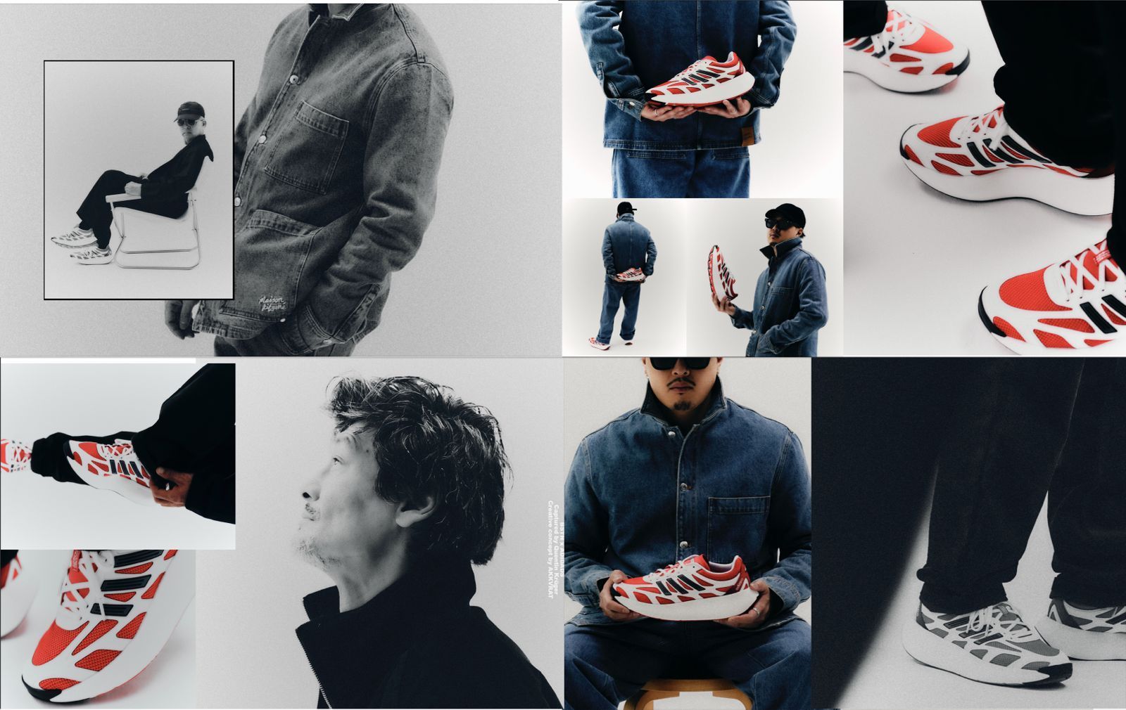 Collage von Männern, die mit einem rot-weißen Sneaker posieren, verschiedene Winkel. Jeanshemd und schwarze Hose.