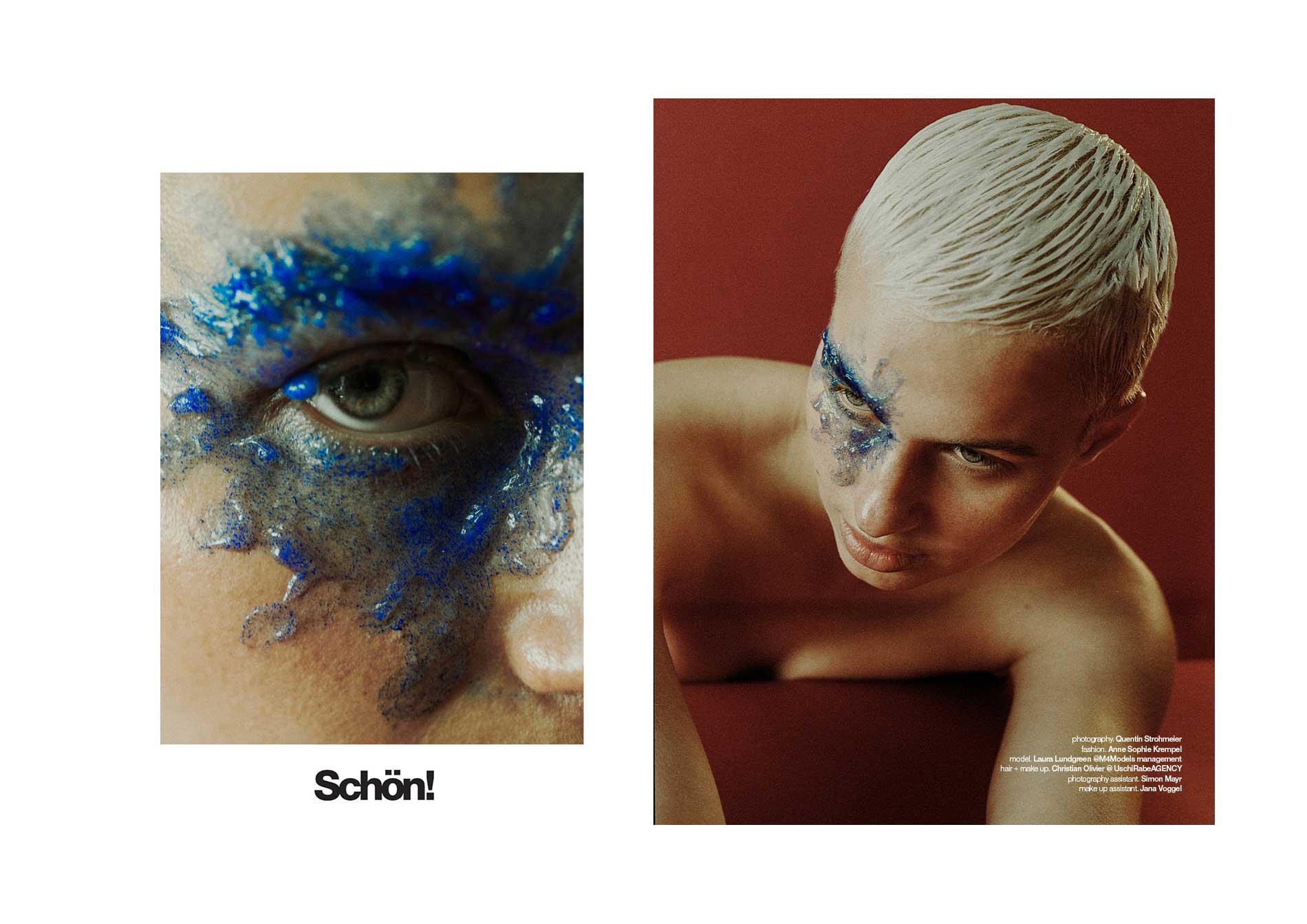 Nahaufnahme des Auges einer Person mit blauem Glitzer-Make-up. Die Person schaut nach unten und ihr Haar ist weiß.