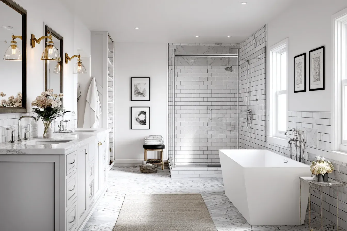 A Vancouver bathroom makeover using pebble shower flooring, quartz shelving, and frameless shower glass. Soft lighting creates a relaxing atmosphere. Installed by certified Metro Vancouver renovation teams.
A Vancouver condo bathroom remodel maximizing limited space with floating shelves, a compact vanity, and bright lighting. Glossy tiles expand the visual layout. Completed by experienced professionals.
A Vancouver bathroom transformation with stone slab flooring, recessed wall niches, and contemporary faucets. Frameless mirrors enhance light distribution. Installed by expert renovation teams.