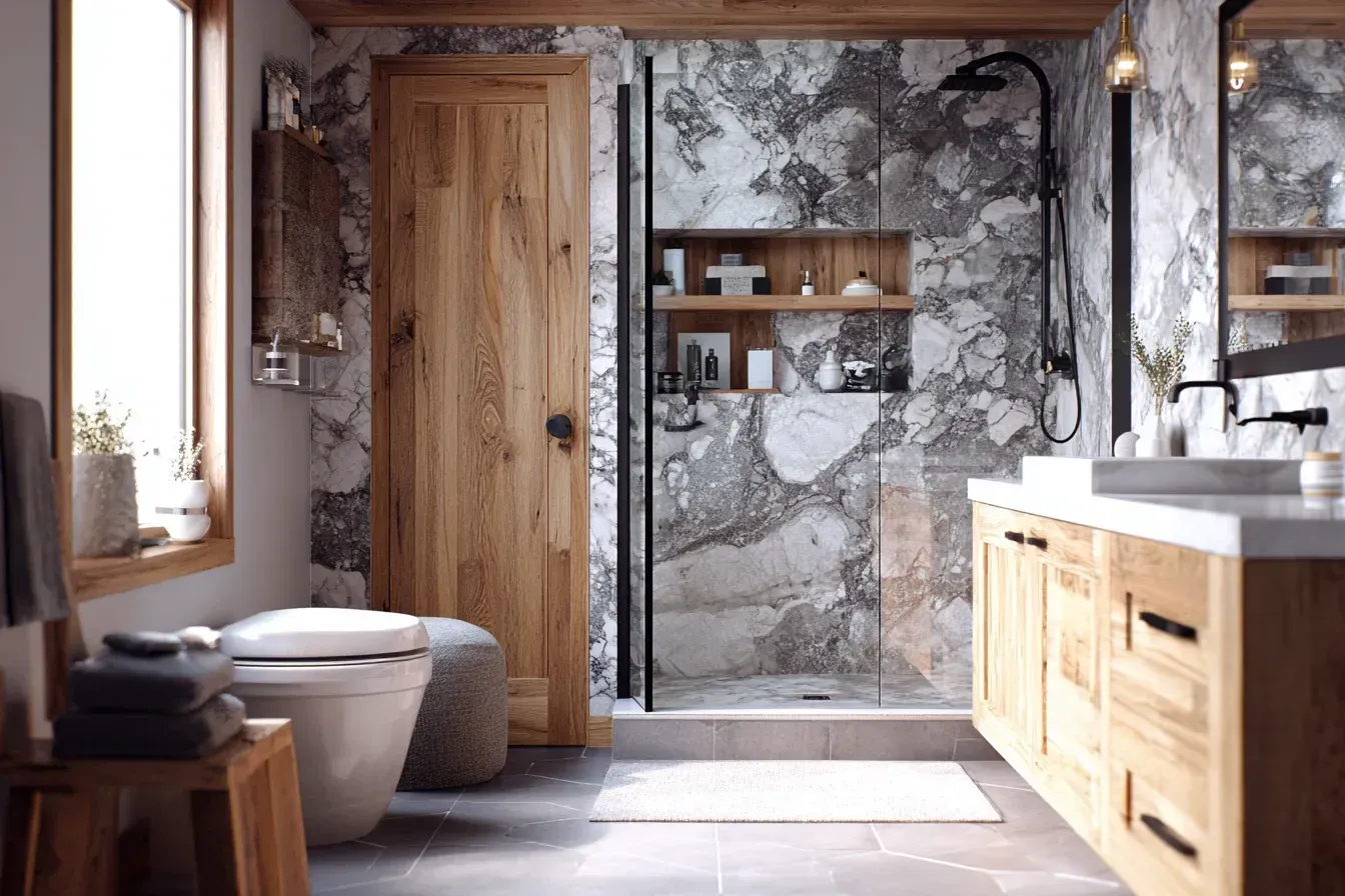 A high-end Vancouver bathroom remodel with natural stone walls, heated tile floors, and floating custom cabinetry. Integrated LED lighting and smart temperature controls elevate comfort. Designed and built by trusted Metro Vancouver bathroom renovation specialists.