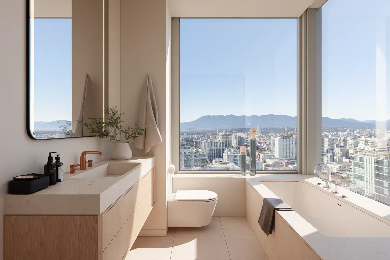 A Vancouver ensuite transformation with heated tile floors, quartz countertops, and upgraded plumbing fixtures. Frameless shower glass maintains an airy, open feel. Completed by experienced bathroom remodelers serving Greater Vancouver.
A small Vancouver bathroom remodel featuring a compact vanity, corner walk-in shower, and glossy ceramic tiles for expanded brightness. Chrome fixtures elevate the modern style. Installed by trusted Metro Vancouver bathroom contractors.