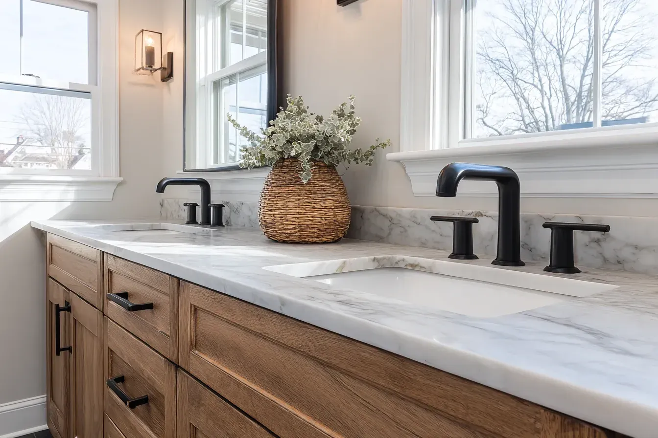 A Vancouver renovation featuring stone-look flooring, recessed shower niches, and high-efficiency LED lighting. A floating vanity improves storage space without cluttering the room. Completed by skilled Lower Mainland remodeling professionals.
A Vancouver bathroom makeover that includes waterproof membrane installation, upgraded ventilation, and a modern vanity with soft-close drawers. Light-toned materials create a calm aesthetic. Completed by licensed bathroom renovators.