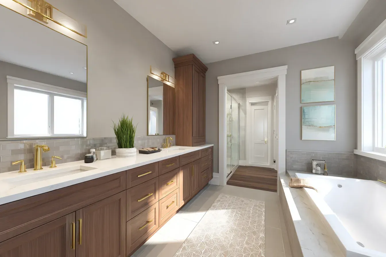 A Vancouver bathroom remodel featuring custom shelving, sleek tile walls, and polished stone countertops. Functional upgrades support daily routines. Installed by experienced contractors.
A Vancouver ensuite refresh with modern pendant lighting, stone tiles, and frameless shower doors. Light reflective finishes add elegance. Completed by professional remodel experts.
A Vancouver bathroom renovation with a built-in shower niche, durable vinyl flooring, and water-saving faucets. Clean finishes modernize the entire layout. Installed by certified professionals.