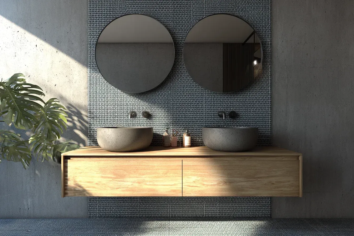 A Vancouver bathroom tile installation featuring herringbone backsplash, large-format wall tiles, and mosaic shower floors for added texture. Installed by professional bathroom tile contractors across Metro Vancouver. Durable, elegant, and waterproof renovation results.