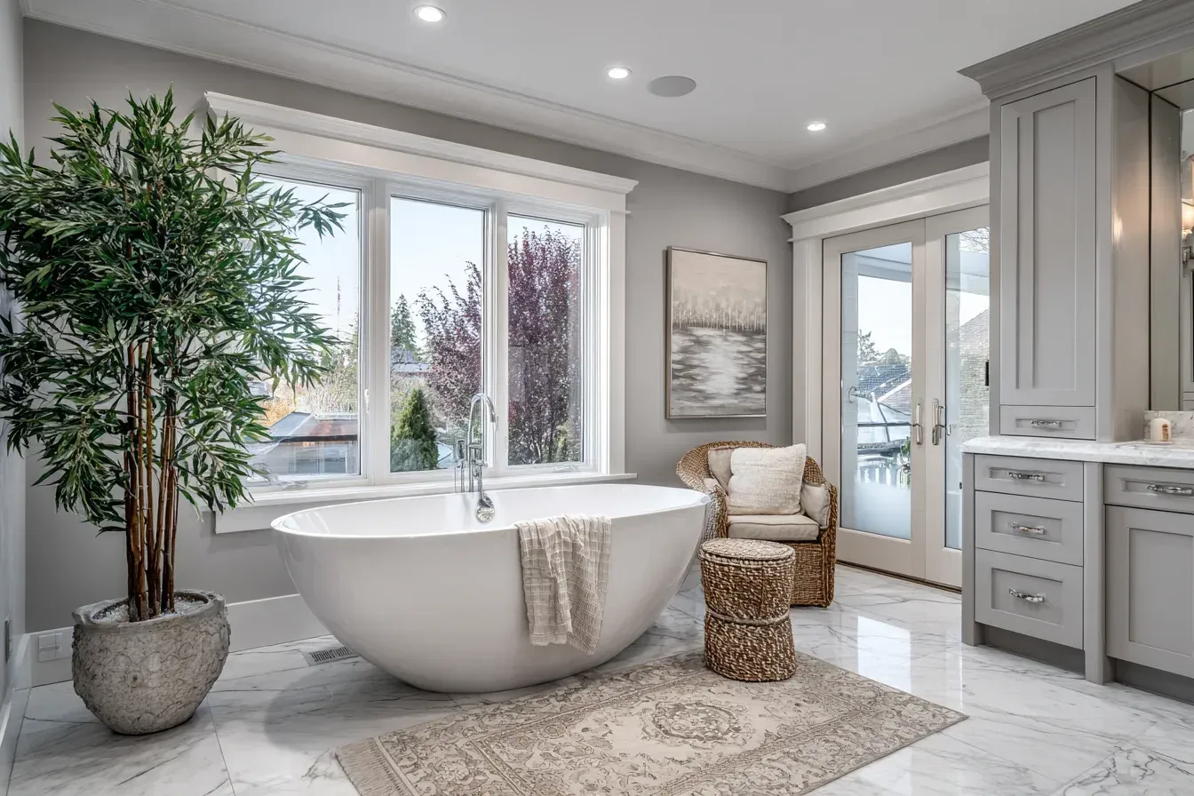 A luxury Vancouver ensuite renovation with marble tile, freestanding tub, and designer lighting installed by trusted Metro Vancouver contractors. Frameless glass shower and quartz vanity create a spa-like experience. High-end bathroom design tailored for Vancouver’s premium neighborhoods.