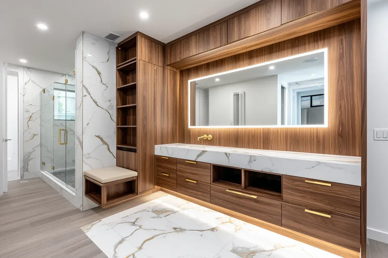 A Vancouver bathroom upgrade with walk-in shower installation, porcelain tile flooring, and new lighting fixtures. Modern hardware completes the refined look. Installed by experienced renovation specialists.
A Vancouver renovation featuring bright vanity lighting, stone backsplash tiles, and a modern pedestal sink. Crisp finishes bring fresh style to the room. Completed by licensed contractors.
A Vancouver bathroom remodel with a floating vanity, recessed shower lighting, and eco-friendly plumbing fixtures. Light-colored tiles improve brightness. Completed by certified renovators.
A Vancouver bathroom featuring full-height stone wall tiles, LED mirror lighting, and a frameless shower door. Neutral tones add elegance and warmth. Installed by professional contractors.