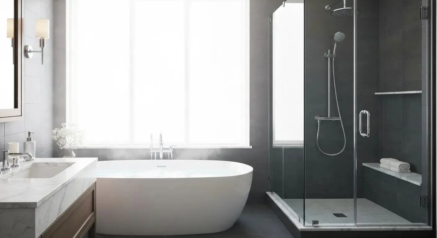 Modern gray bathroom with a tub, shower, sink, and bright window.
