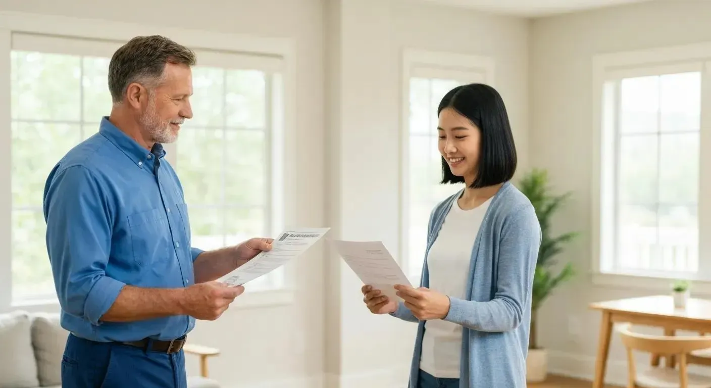 A couple reviewing blueprints in a kitchen with gray cabinets and white countertops; they are pointing at plans.