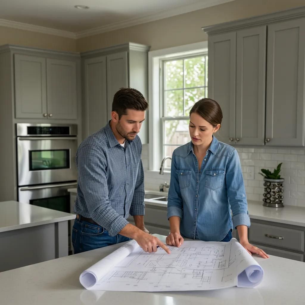 A couple reviewing blueprints in a kitchen with gray cabinets and white countertops; they are pointing at plans.
