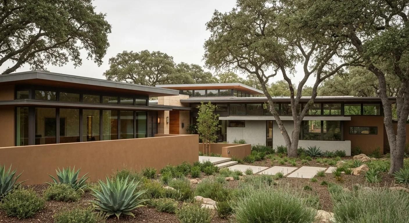 Modern home with flat roof, expansive windows, and landscaping; set in a wooded area.