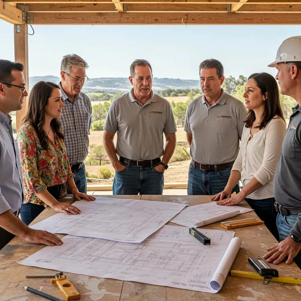Group of people reviewing blueprints on a table outdoors, discussing a construction project.