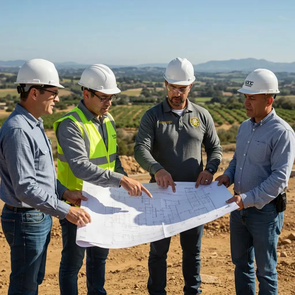 Four construction workers in hard hats examine blueprints outdoors.