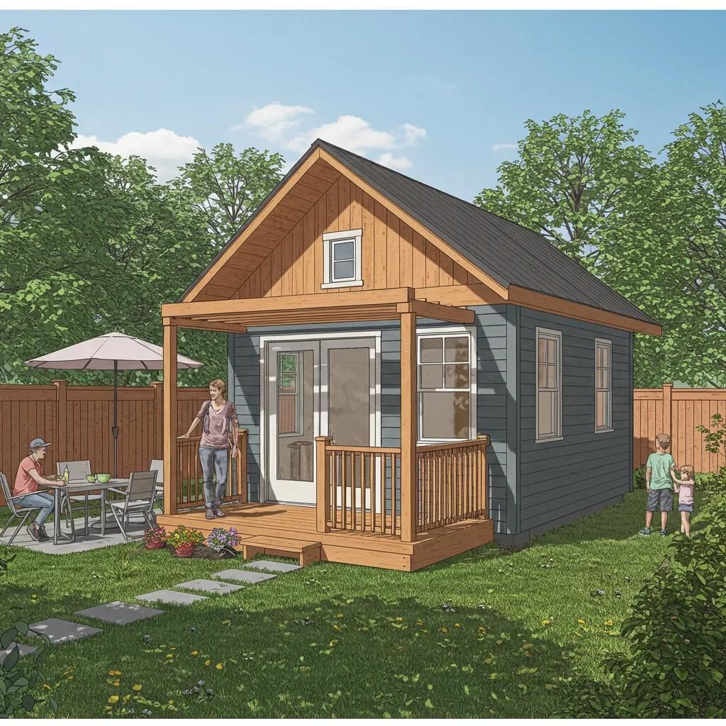 Small blue house with wooden porch, two people near the door, two people at a table, surrounded by a yard.
