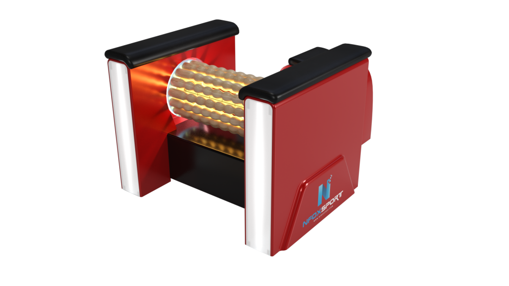 Eine rot-schwarze Maschine mit einem Zylinder darin auf weißem Hintergrund.