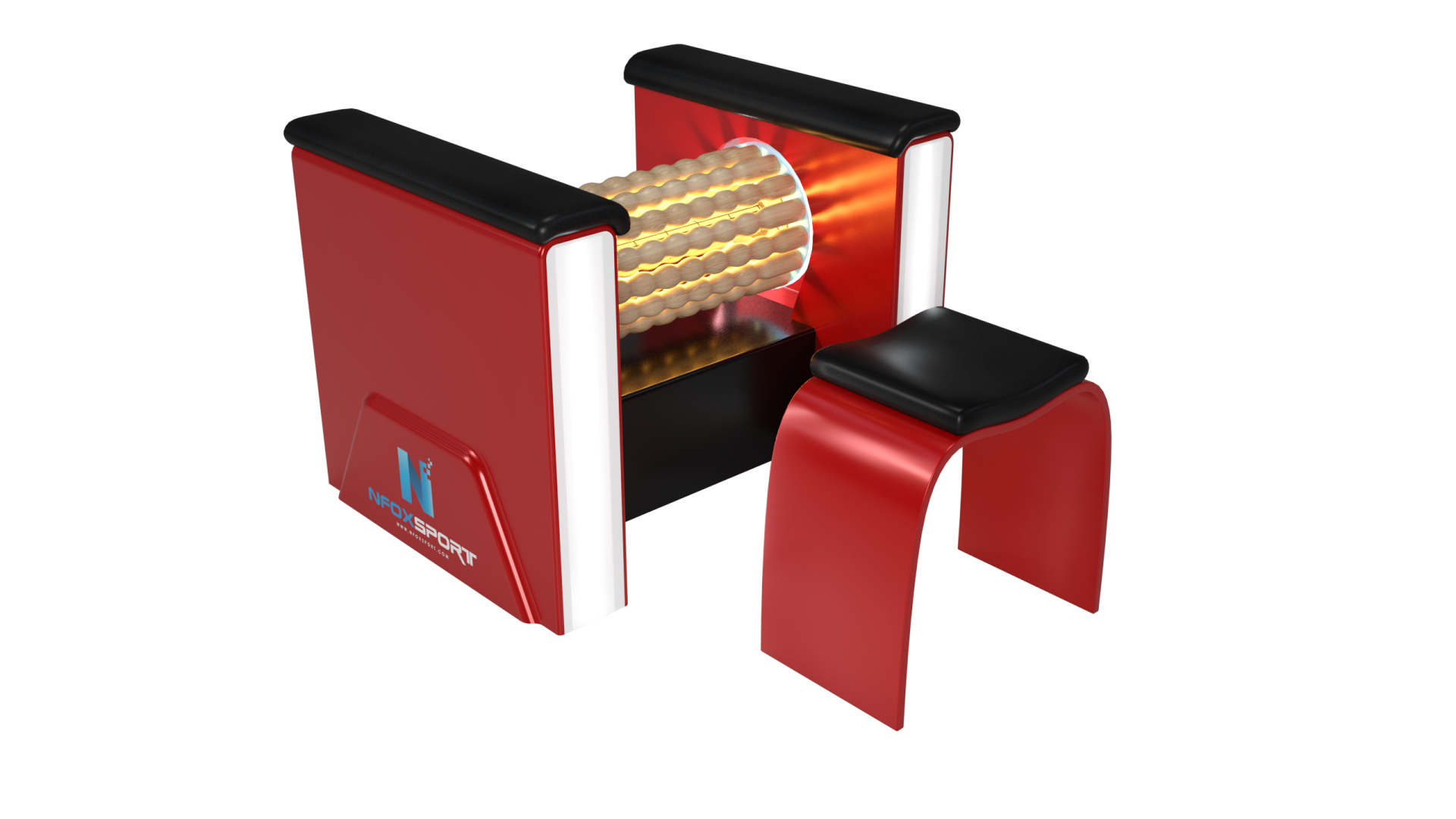 Ein roter Stuhl mit einer Rolle und ein Hocker.