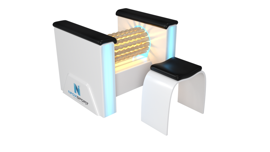 Eine 3D-Darstellung eines Stuhls und eines Hockers auf weißem Hintergrund.