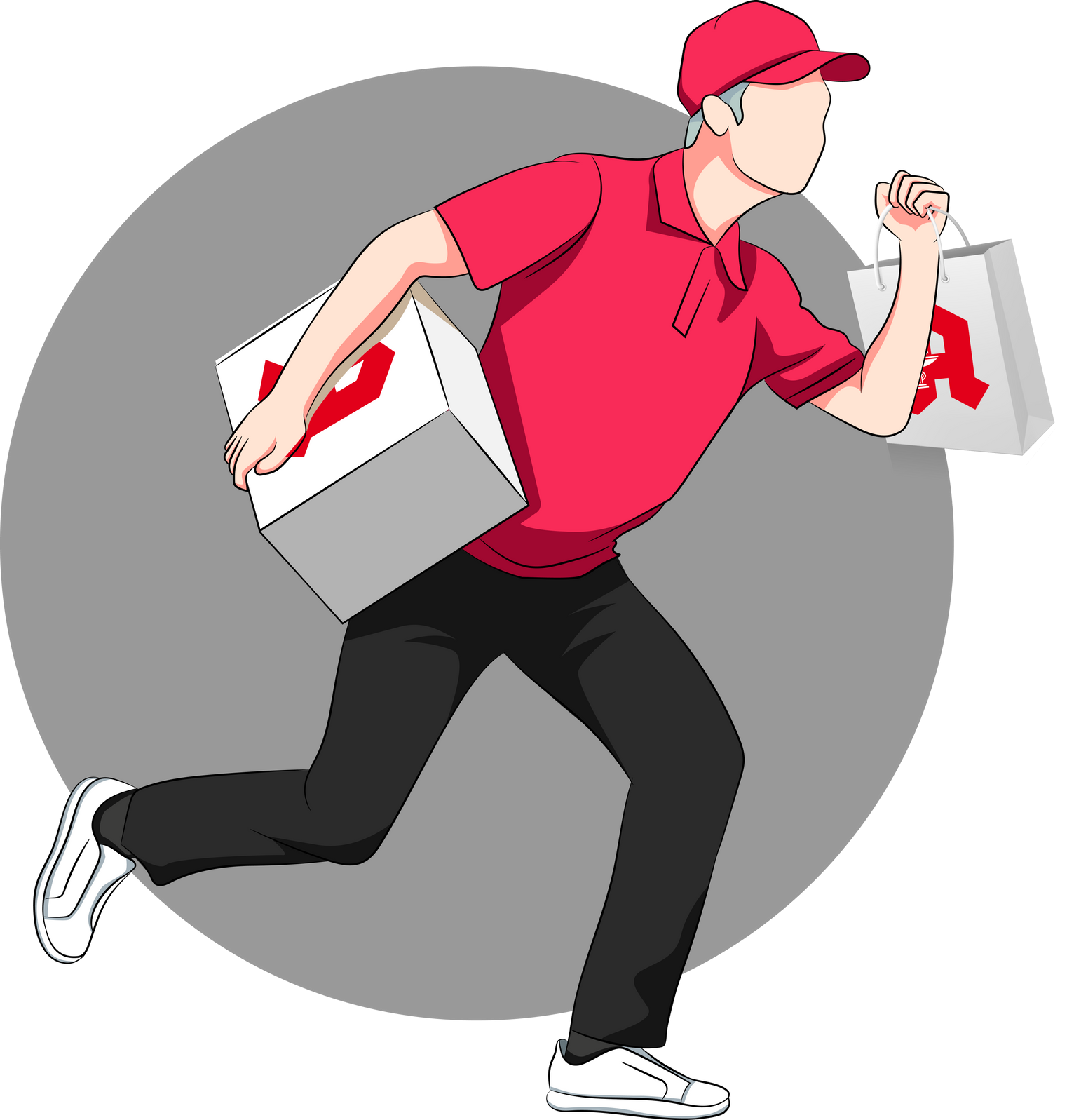 Ein Lieferant läuft mit einem Karton und einer Tasche herum.
